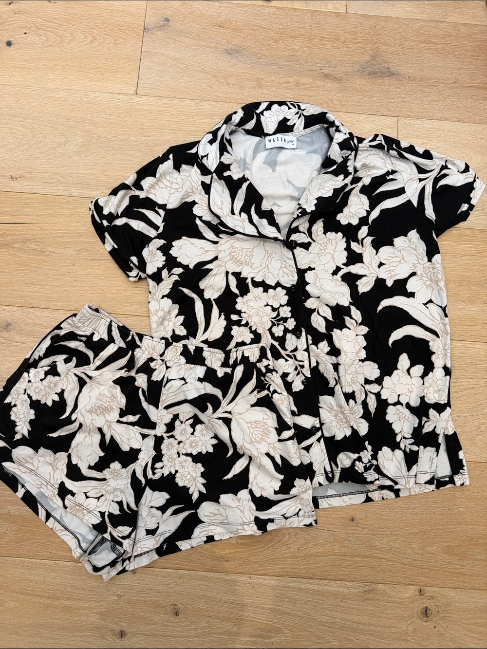 Women’s Black Floral Short Pajama Set with Cream Print
